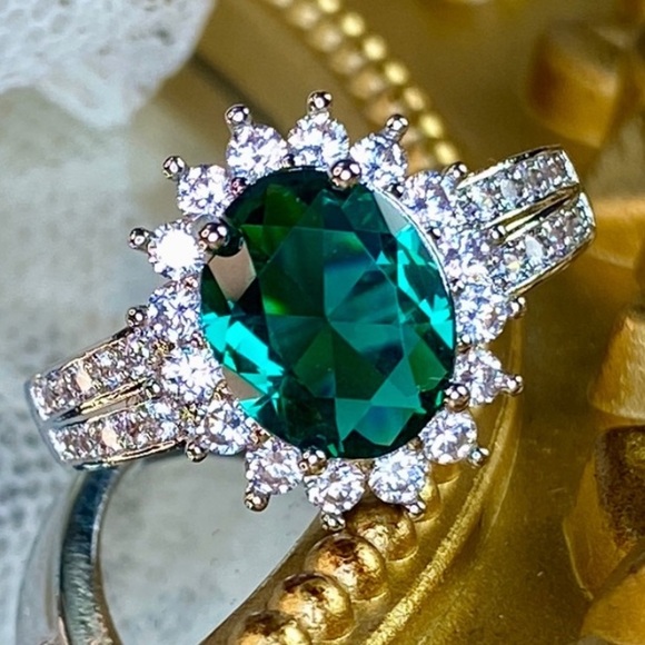 Engagement Oval Cut Emerald CZ Ring in Sterling Silver - Picture 9 of 13